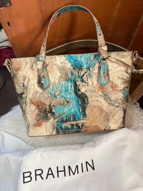 Brahmin Bird of Paradise Melbourne teal and tan satchel